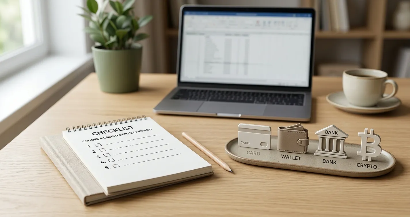 Editorial illustration of a secure deposit checklist with card wallet bank and crypto symbols