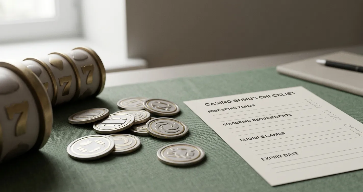 Editorial illustration of free-spin tokens beside a neutral slot checklist