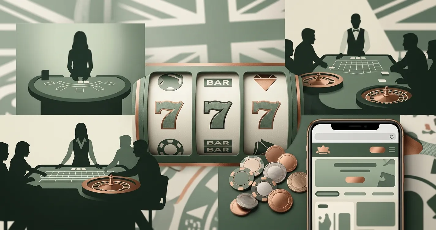 Editorial casino game library illustration with slots and live table cues