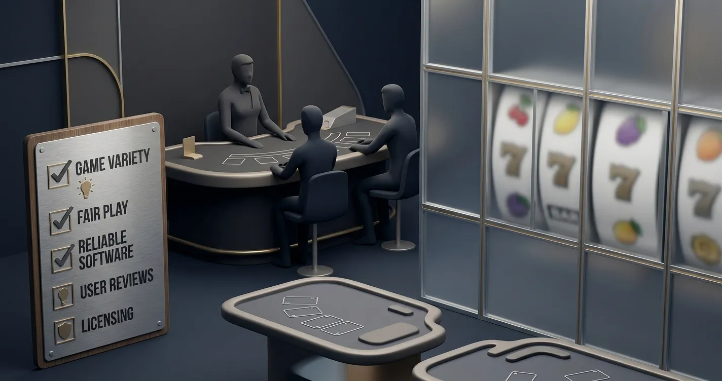 Editorial illustration of a broad casino game library with slots and live tables