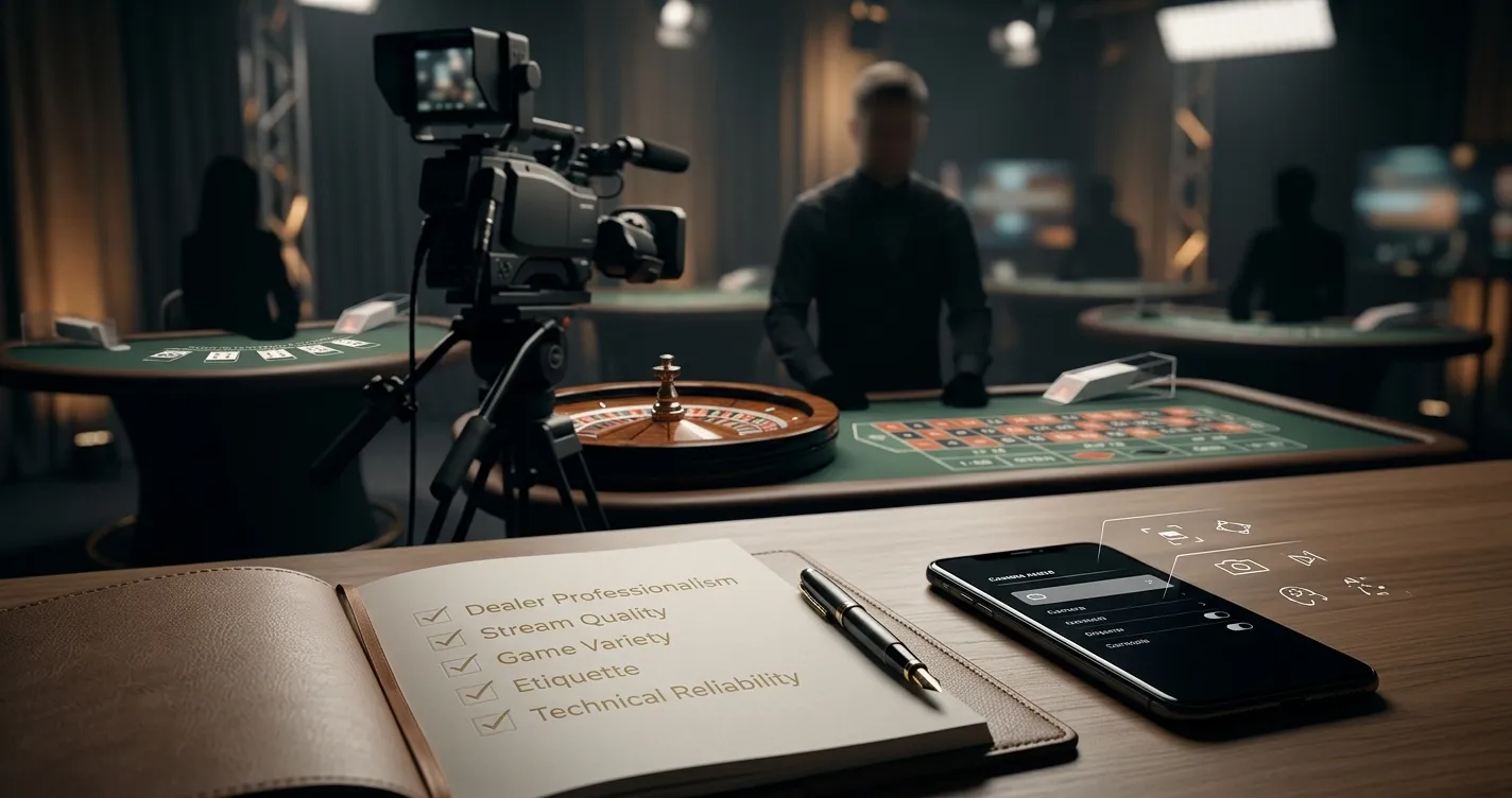 Editorial illustration of a live casino table viewed through a review checklist