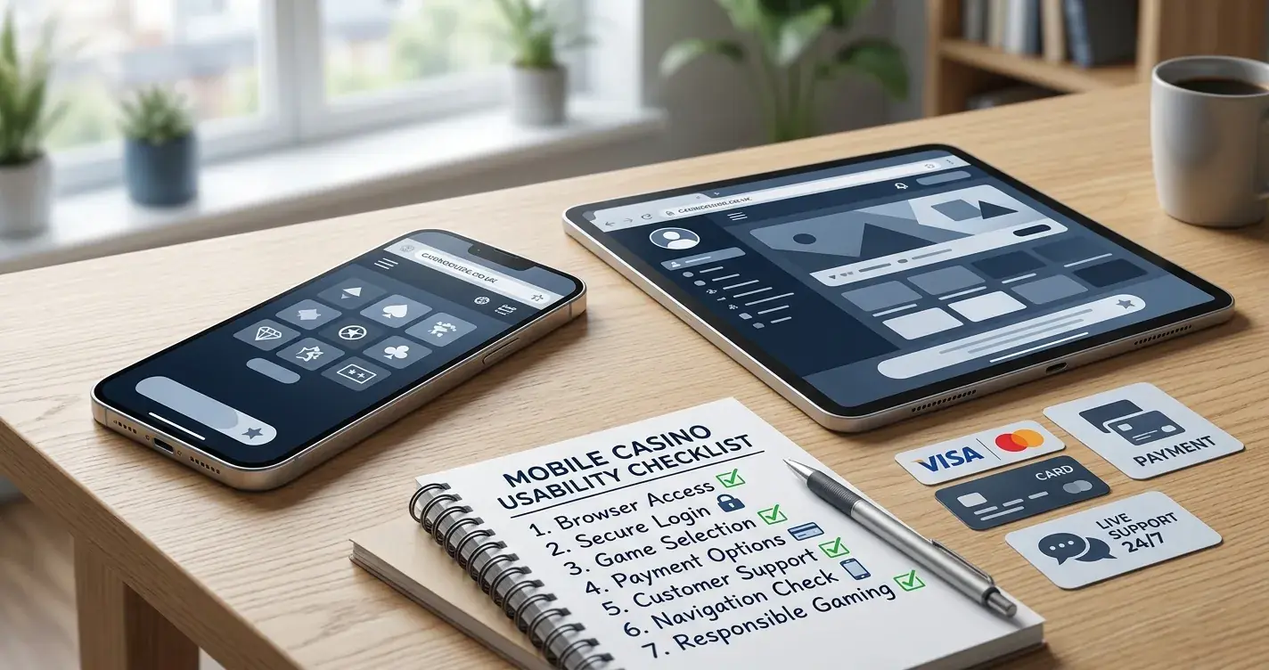 Editorial illustration of mobile casino checks on a phone and tablet