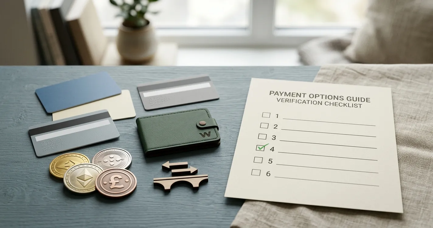 Editorial illustration of payment cards, wallet symbols and crypto tokens on a neutral checklist