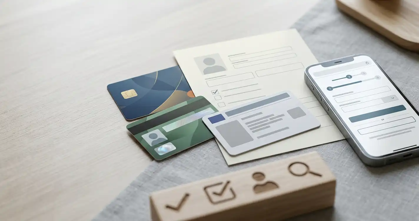 Editorial illustration of account setup and verification checkpoints