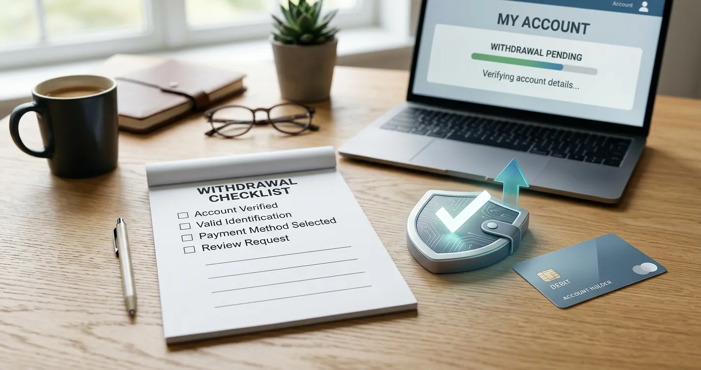Editorial illustration of a withdrawal checklist with secure wallet and verification symbols